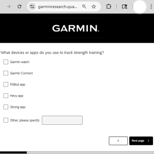 Garmin strength survey devices and apps question listing FitBod, Hevy, and Strong alongside Garmin products