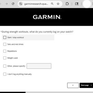 Garmin strength survey question asking what users currently log on their watch during strength workouts