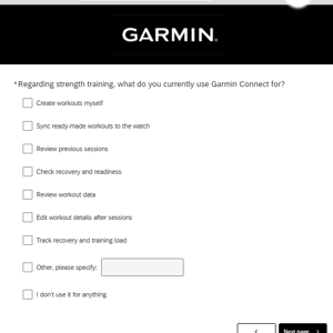 Garmin strength survey Garmin Connect usage question covering workout creation, recovery tracking, and training load