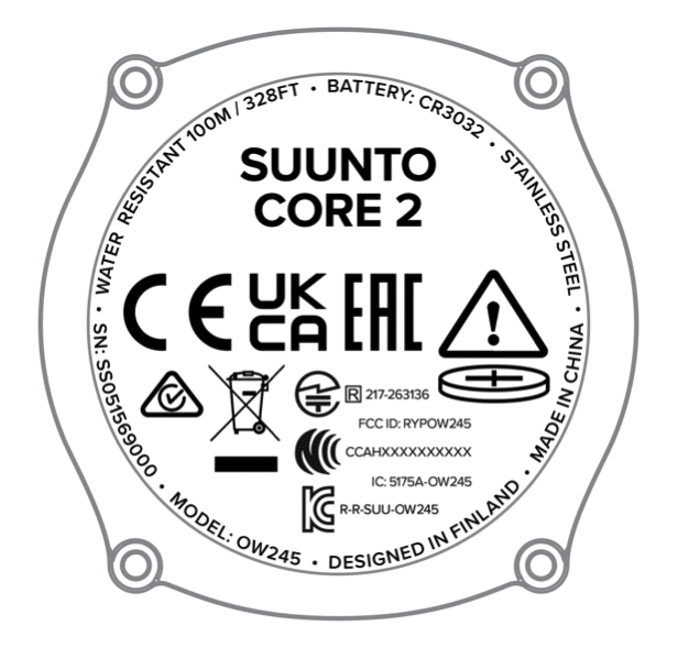 Suunto Core 2 FCC label showing CR3032 battery, 100m water resistance and model OW245