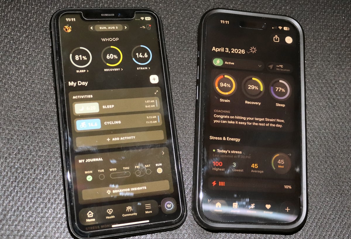 Whoop and Bevel home screen comparison showing three-circle strain recovery sleep layout