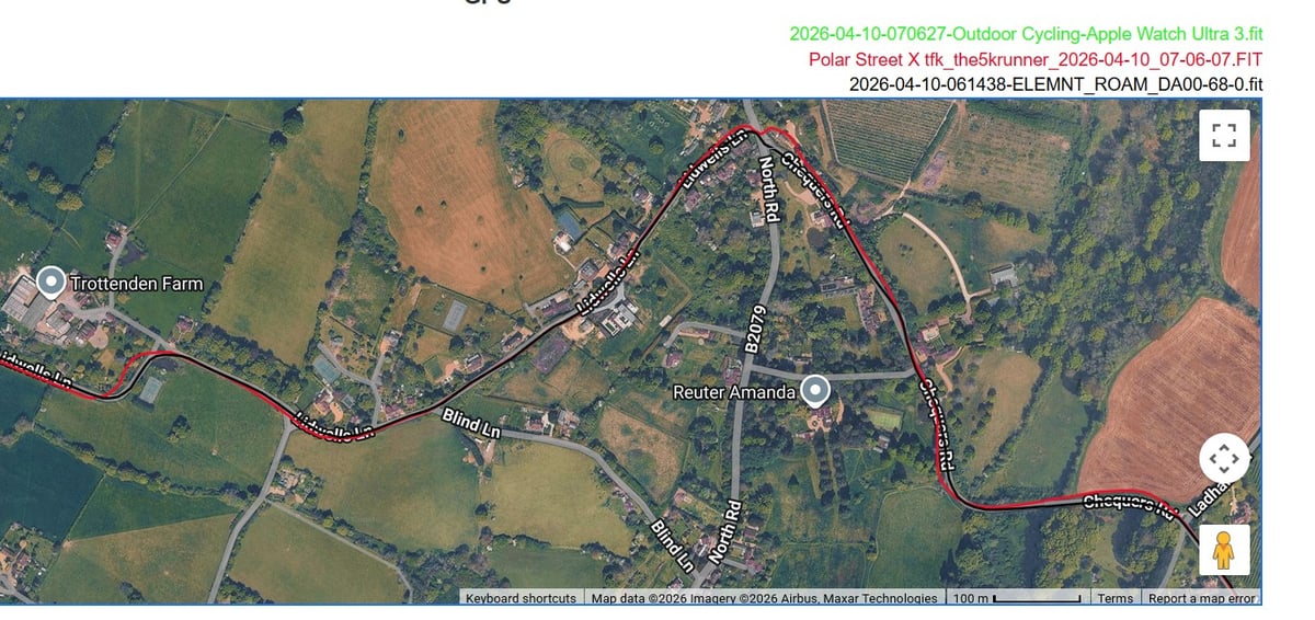 Polar Street X GPS track zoomed in showing 5 m drift after coffee stop versus Forerunner 970