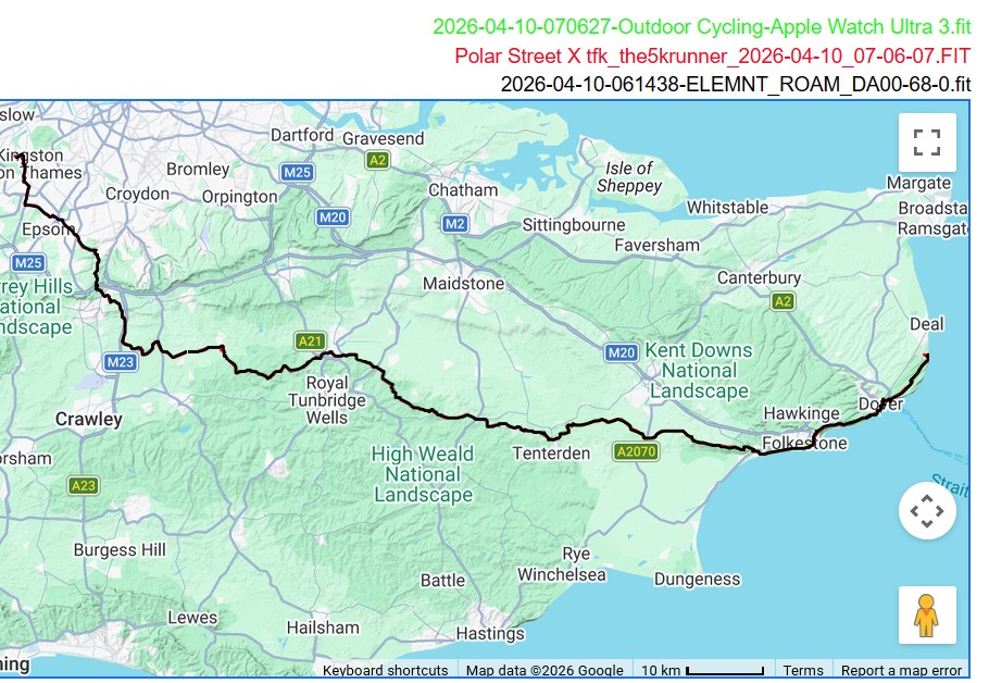 Polar Street X full cycling GPS track London to Kent compared to Apple Watch Ultra 3 and Forerunner 970