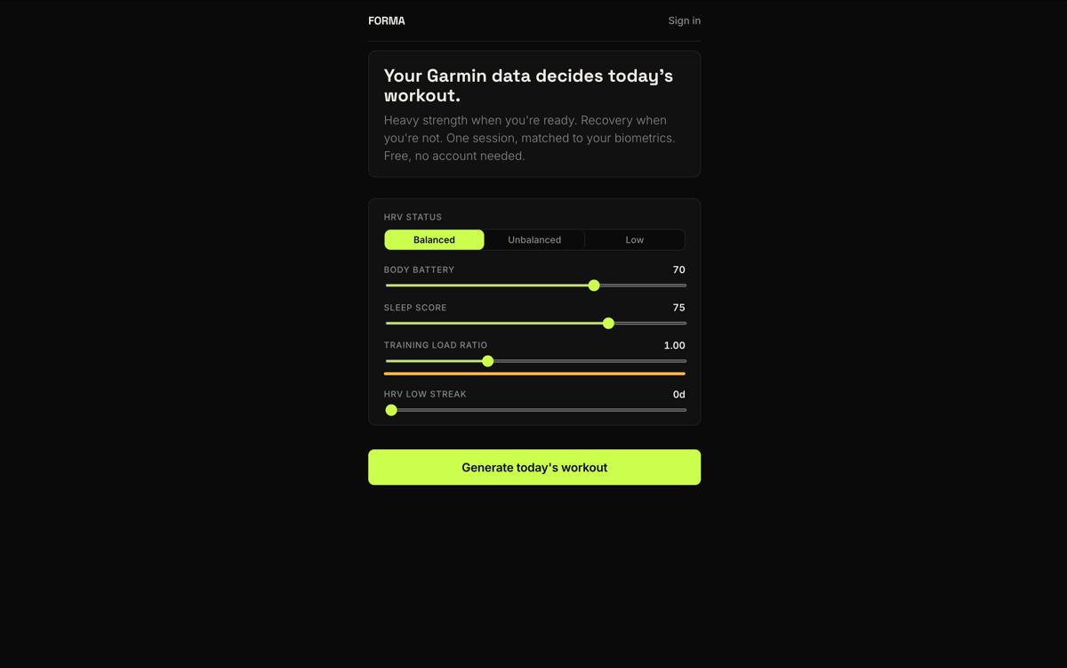 Forma web tool input form showing fields for HRV status, Body Battery, sleep score, and training load ratio