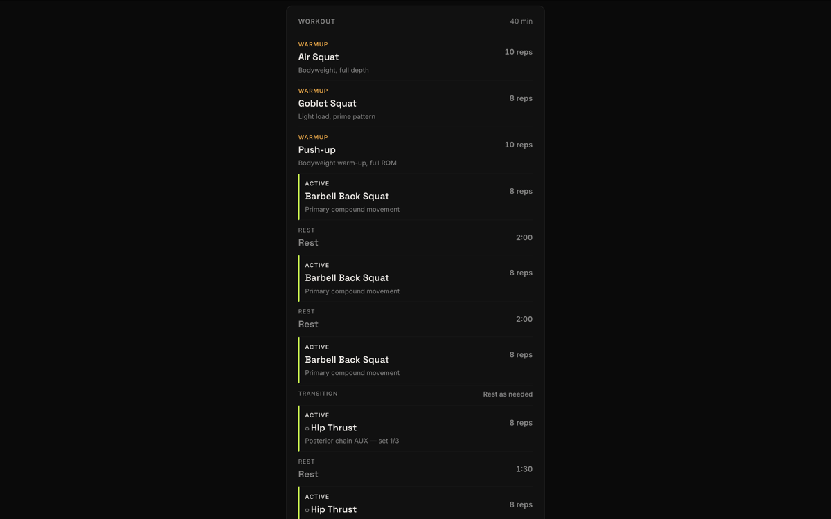 Forma structured strength workout prescription with exercises, sets, reps, and rest periods