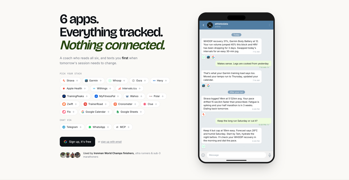 athletedata homepage showing the AI coach concept and connected wearable platforms