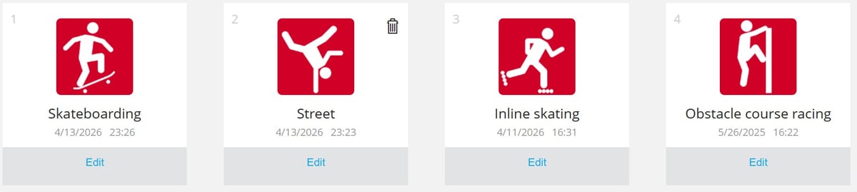Polar Street X sport profile list in Polar Flow showing skateboarding, street dance, inline skating and obstacle course racing 