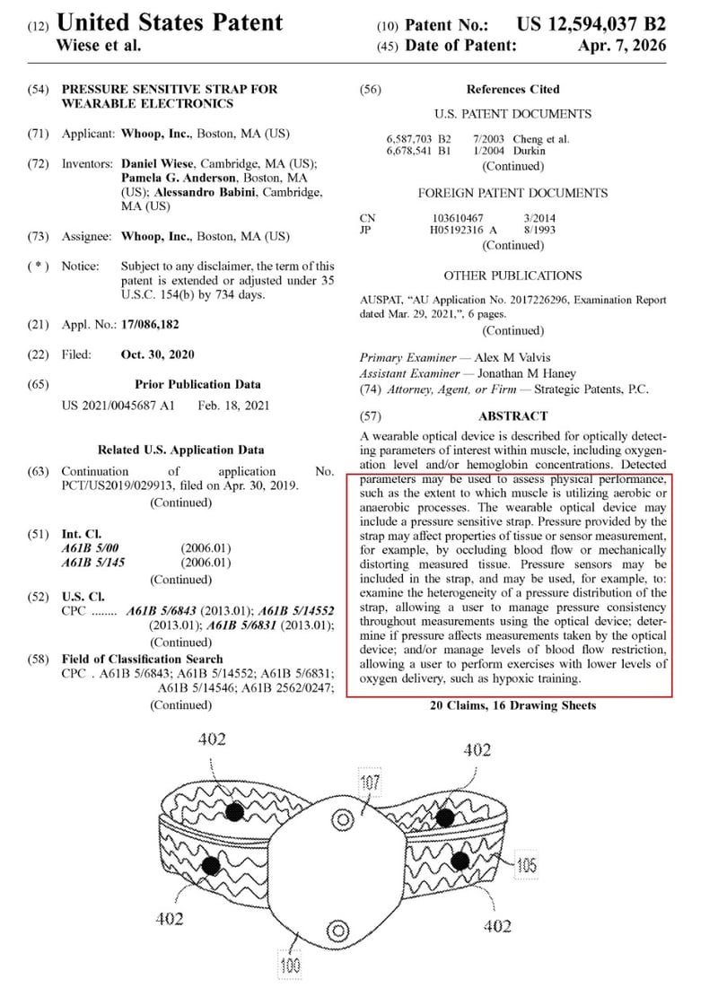 Whoop US patent 12594037 B2 abstract page showing pressure sensitive strap for wearable SmO2 sensor