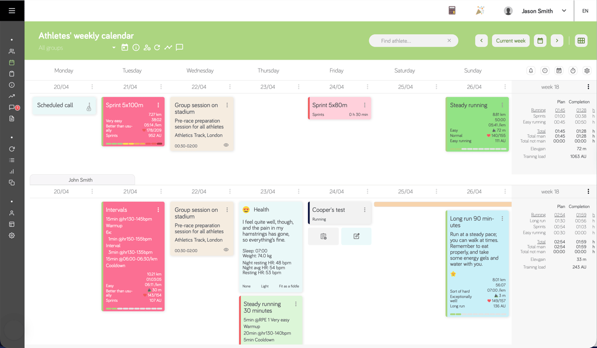 Calendar: Good Coach App multi-athlete weekly calendar showing scheduled workouts across a coaching roster with completion progress bars and training load summaries