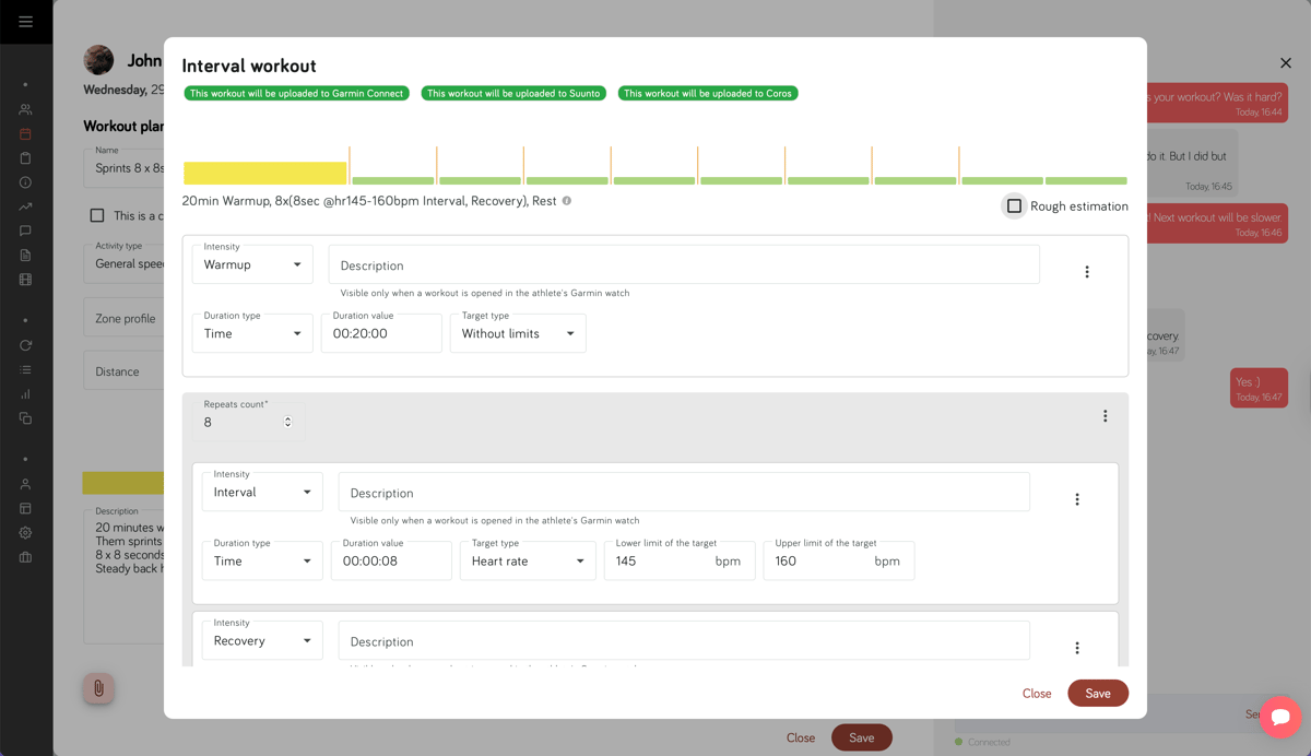 Interval workout builder: Good Coach App interval workout builder for an 8×8-second sprint session, with confirmation badges showing the workout will sync to Garmin Connect, Suunto and COROS watches