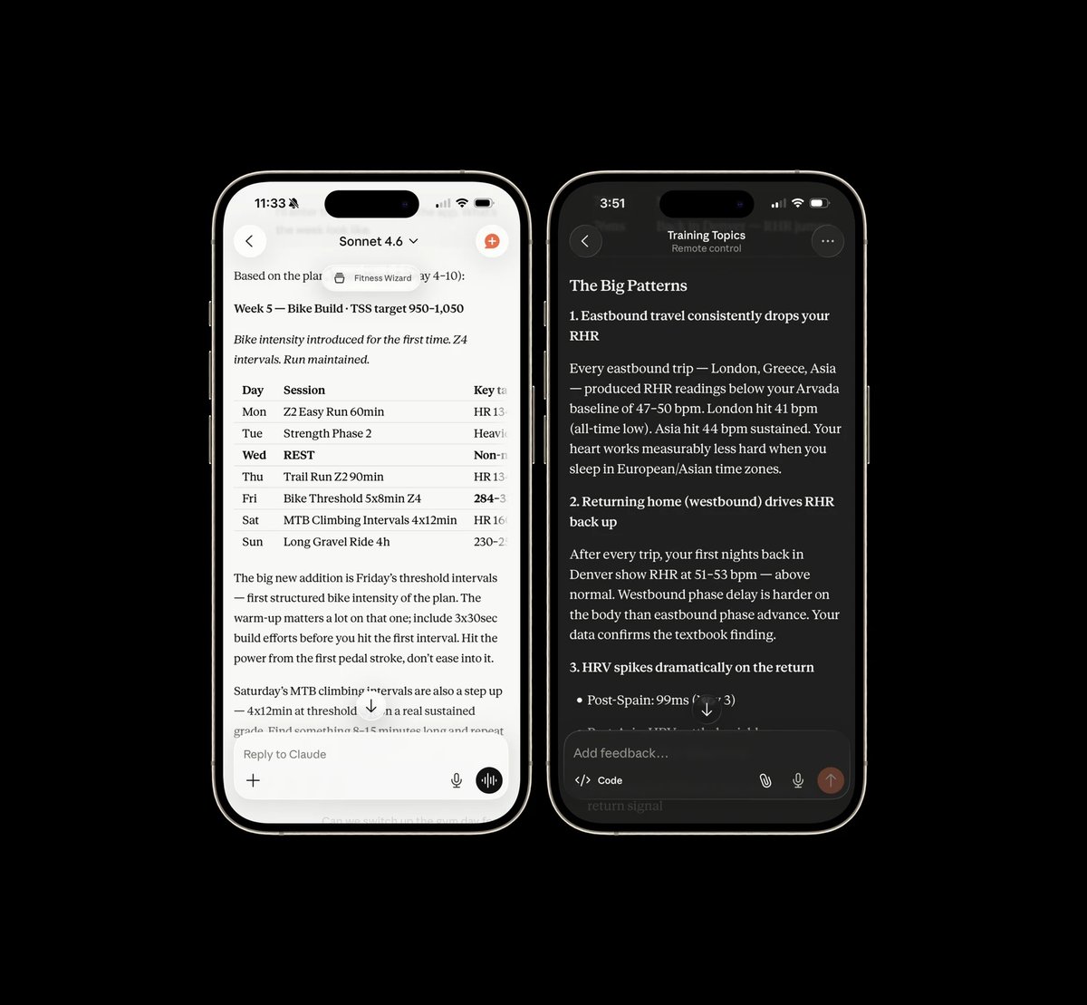 Claude on iPhone with COROS data: week-ahead bike training plan, and travel effects on RHR and HRV across multiple trips