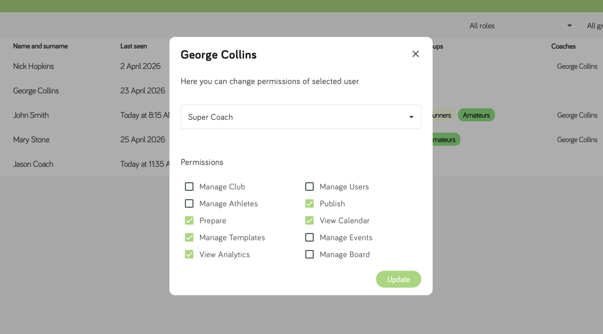 Club permissions: Good Coach App club users page with permissions modal showing granular role controls including Manage Athletes, Publish, View Calendar, and Manage Templates