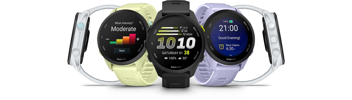 Garmin Forerunner 70 colour range: black, whitestone, citron and cool lavender