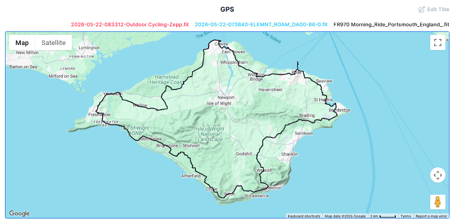 Amazfit Cheetah 2 Ultra battery life test route overview, Isle of Wight 100km loop