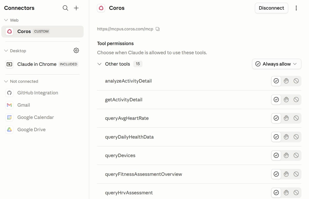 Claude permissions panel listing all 15 COROS MCP tools available for authorisation