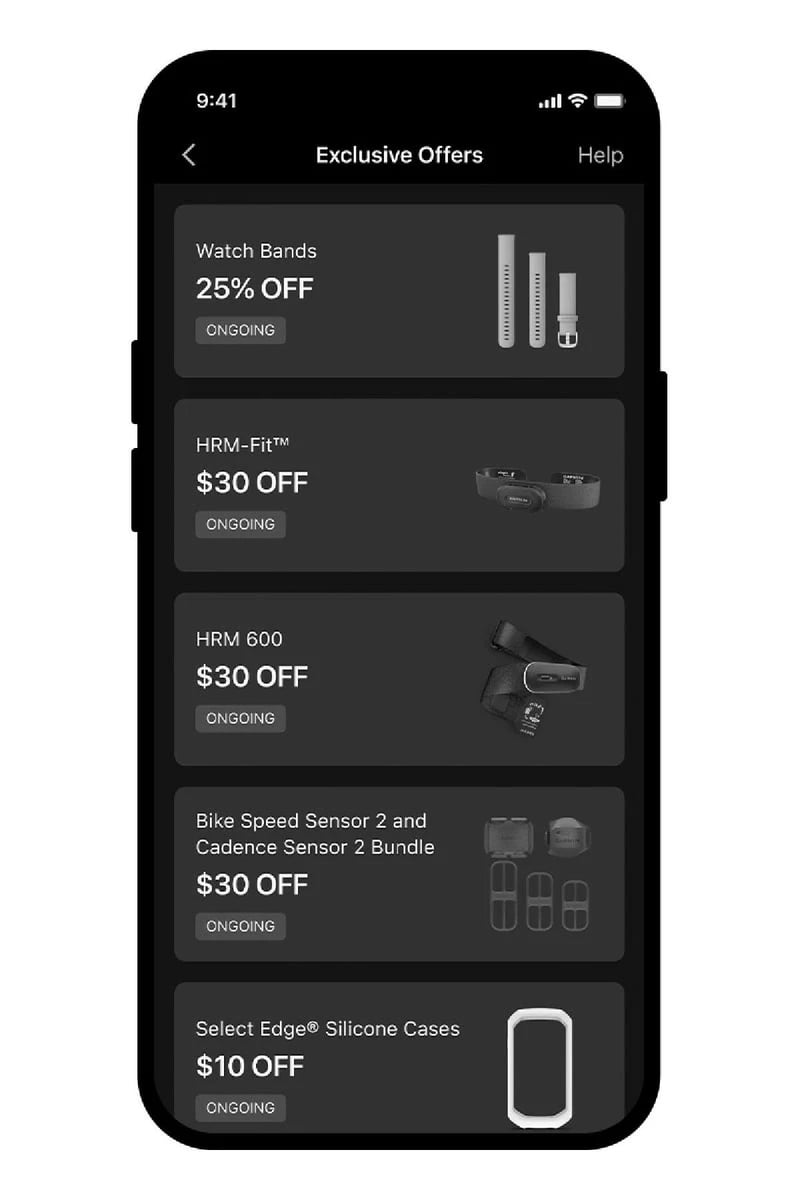 Garmin Connect+ Exclusive Offers screen showing hardware discount codes and member eligibility details