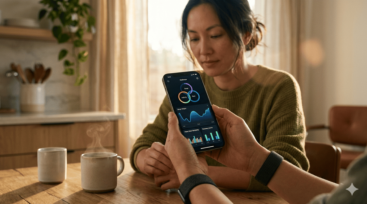 Garmin CIRQA lifestyle concept, recovery data shown in the Garmin Connect phone app