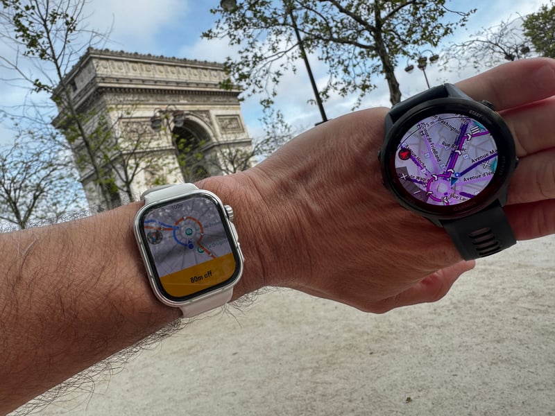 Huawei Watch Fit 5 Pro navigating in Paris compared to Garmin Forerunner 970