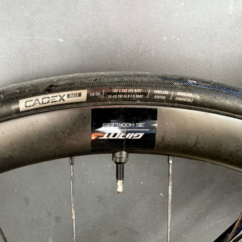 Giant 36mm hookless wheels and Cadex Race 25 tubeless tyres.