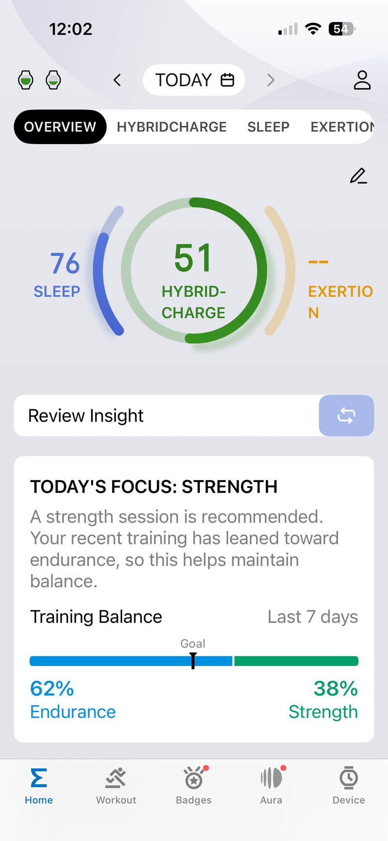 Zepp app Training Focus screen recommending a strength session, with a seven-day training balance showing 62% endurance and 38% strength