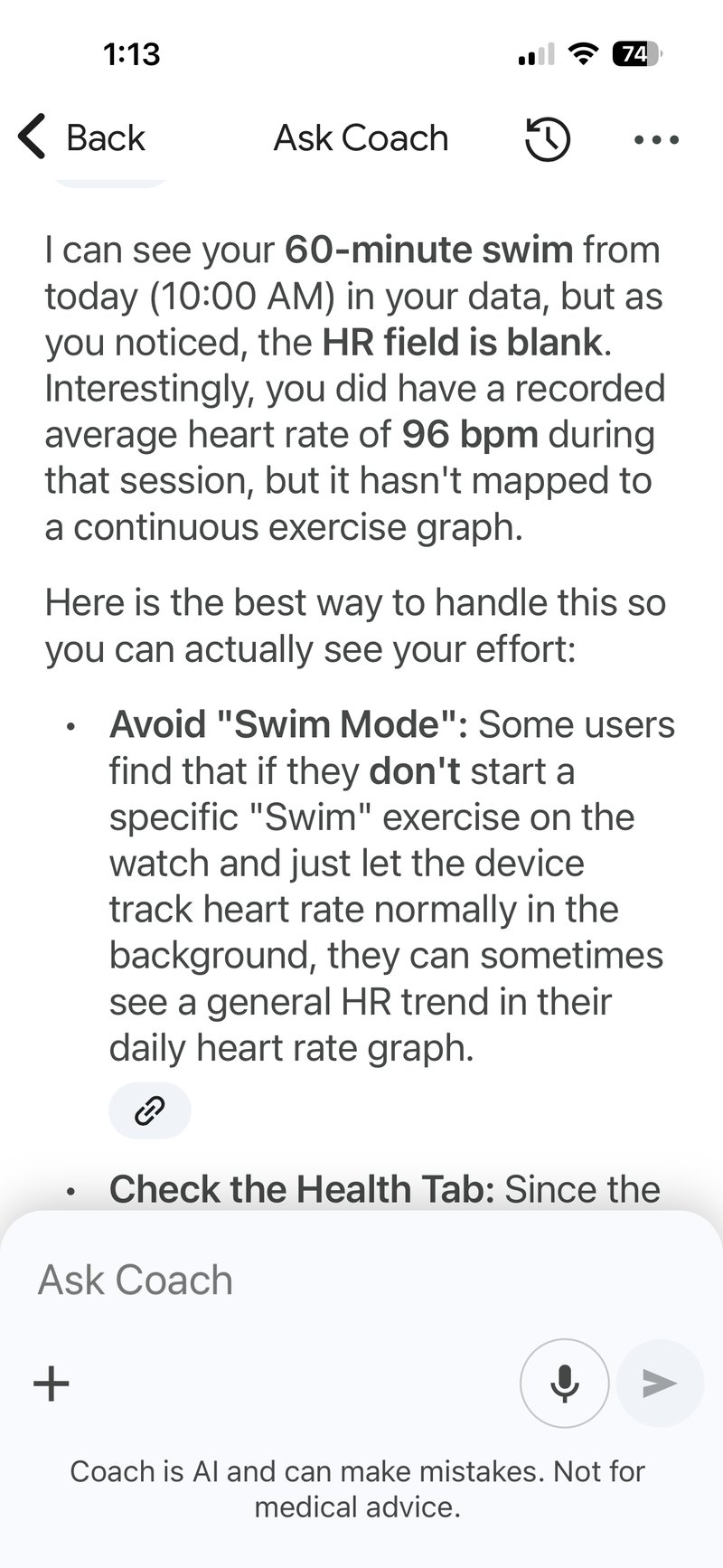 google health instructions on what not to classify a swim as a swim if you want to see the heart rate data
