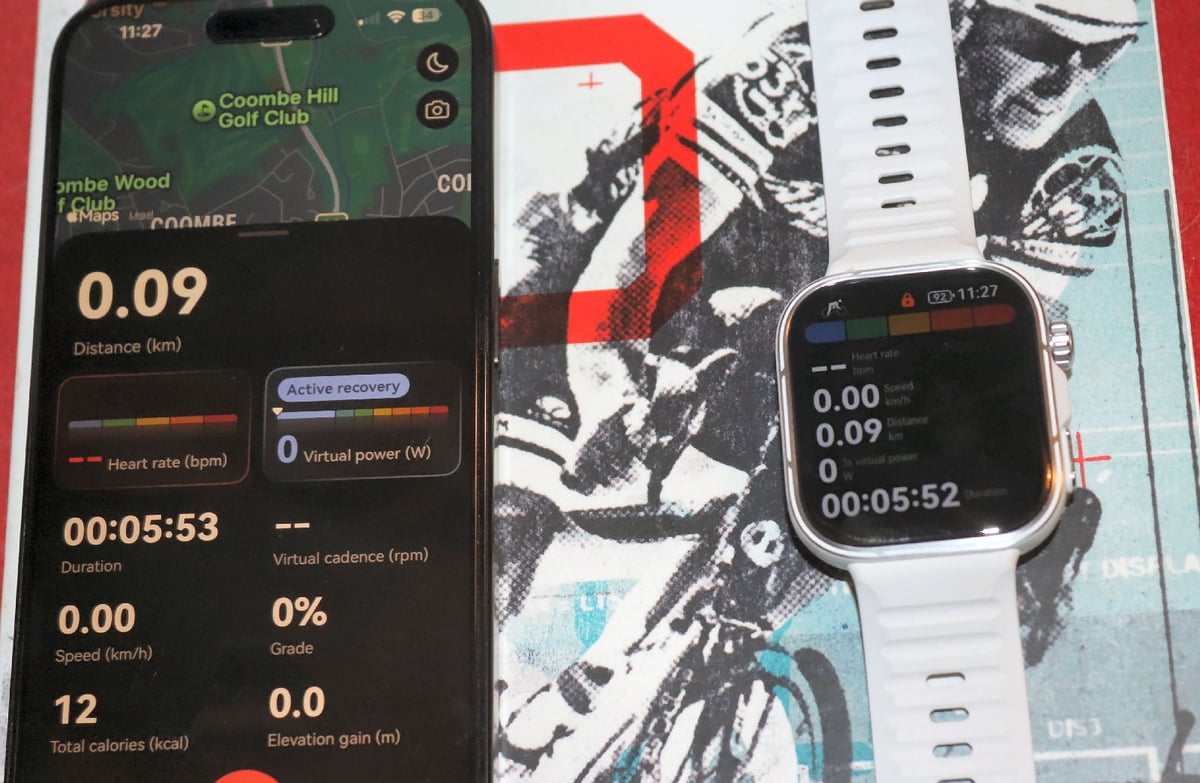 iPhone mounted on bicycle handlebars showing Huawei Health bike computer dashboard mirroring a workout from the Huawei Watch Fit 5 Pro