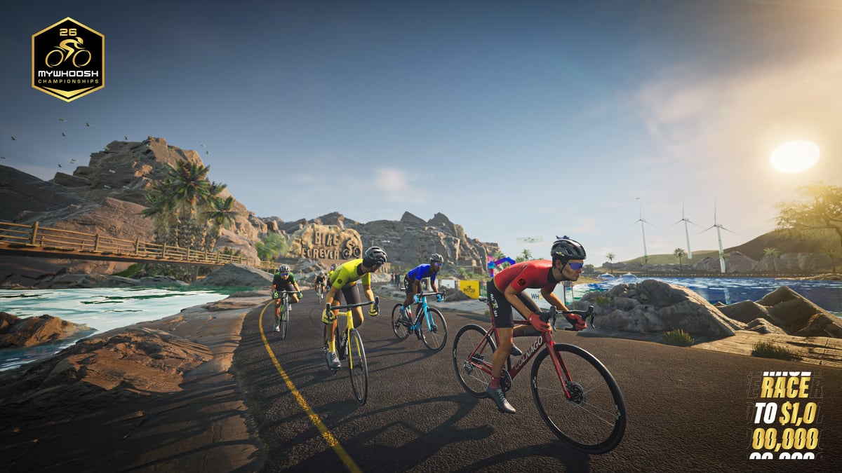 MyWhoosh Championships 2026 promotional graphic for the seven-day virtual stage race with $1m prize fund