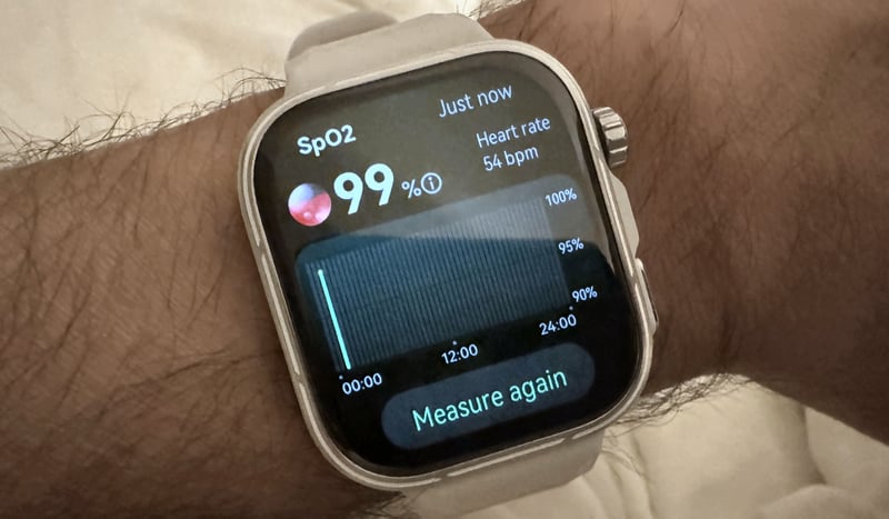 Huawei Watch Fit 5 Pro SpO2 blood oxygen reading broadly consistent with Apple Watch Ultra 3 at similar times