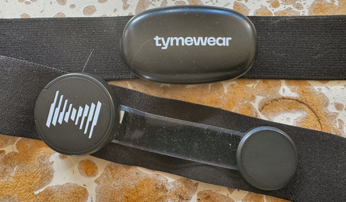 Tymewear VitalPro chest strap review looking at front heart rate sensor and rear strain-gauge breathing pod