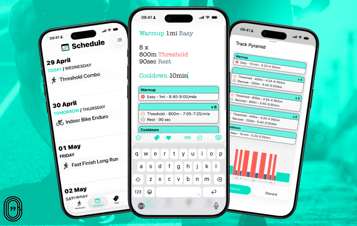 Workout Writer iOS app editing a threshold running workout, with schedule and target chart visible