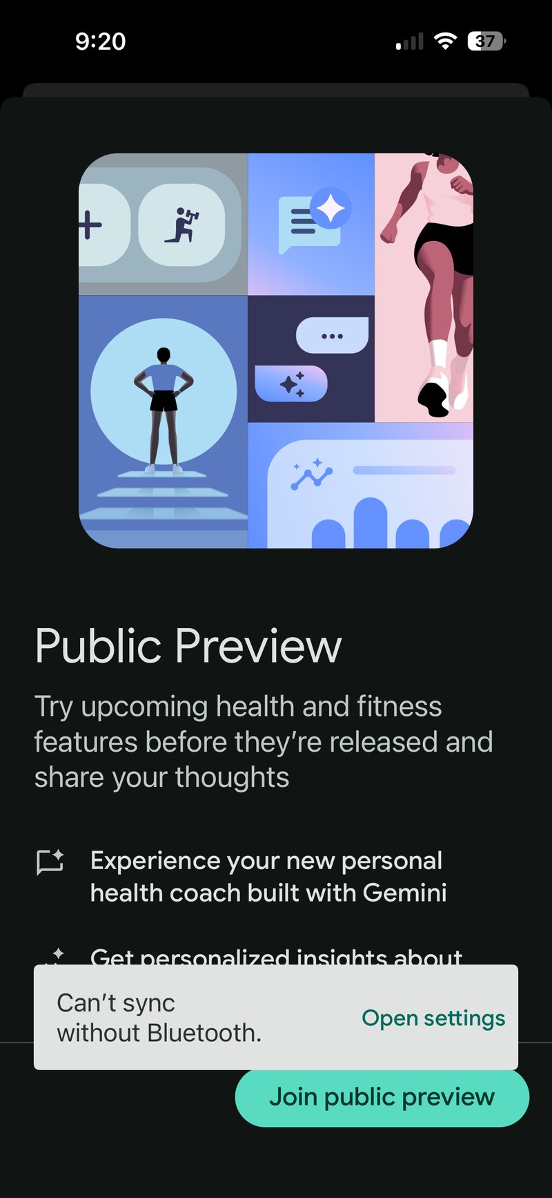 Google Health public preview information screen with Join Public Preview button in the Fitbit app