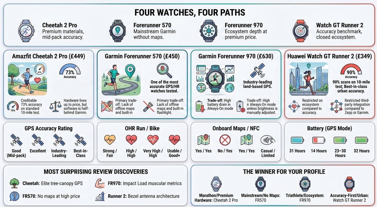 comparison infographic cheetah 2 pro vs. forerunner 970 vs forerunner 570 vs. Huawei runner gt 2