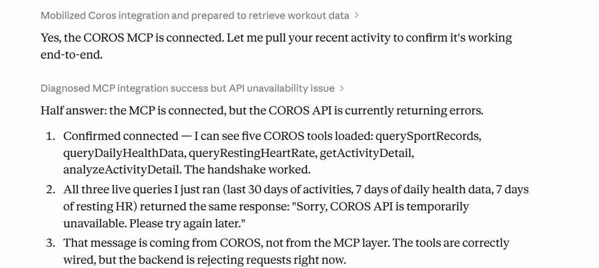 Claude showing the COROS MCP server returning API temporarily unavailable during live testing