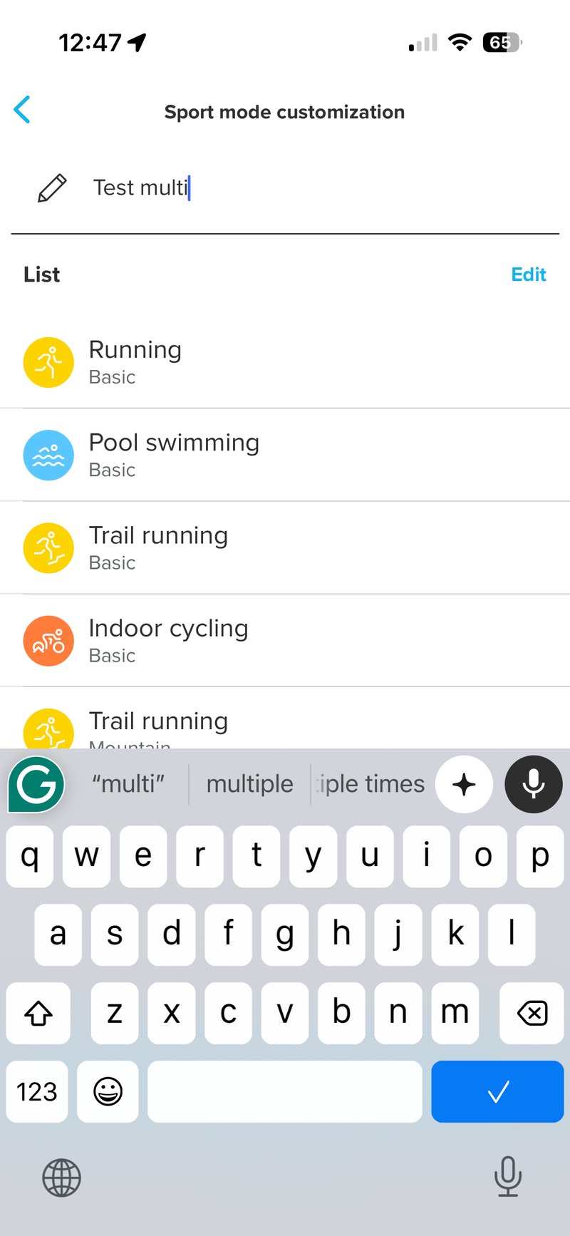 Custom multisport mode builder in the Suunto app showing sport legs and the Transitions and Repeating toggles