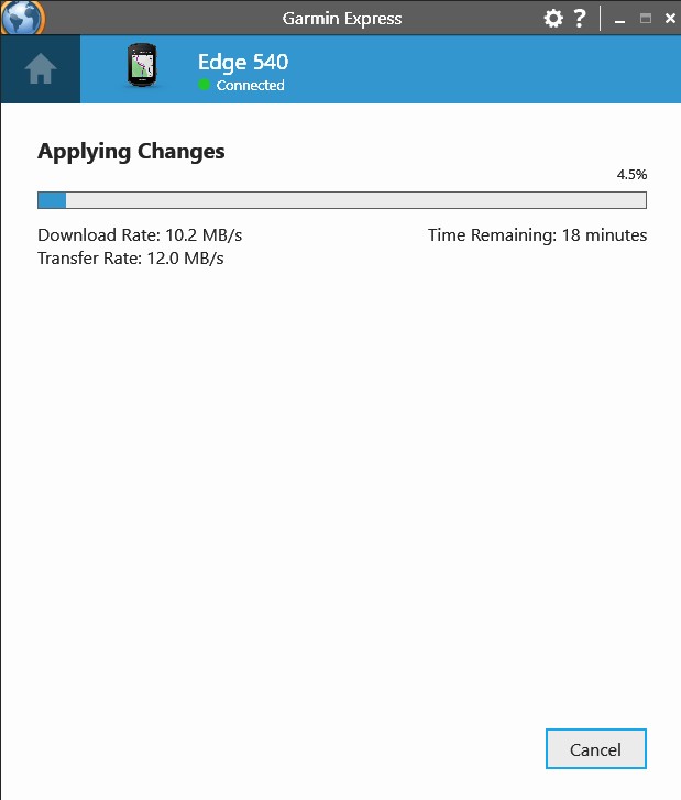 Garmin Express completing TopoActive 2026.10 map download in under 20 minutes via USB