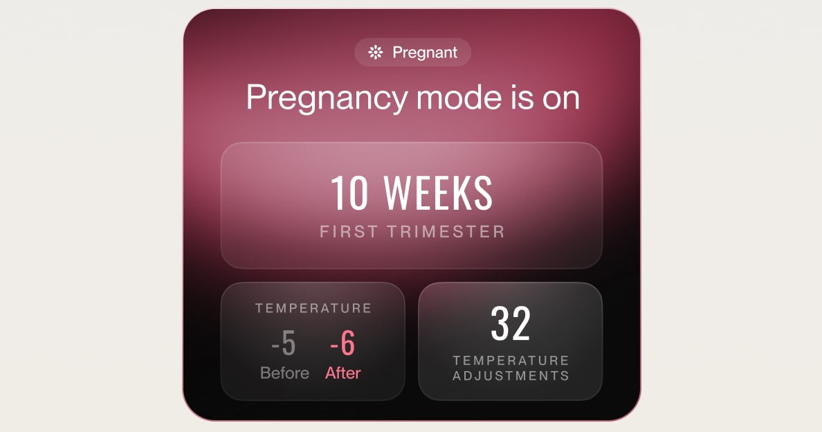 Eight Sleep Pregnancy Mode app showing biometric overview and weekly pregnancy stats