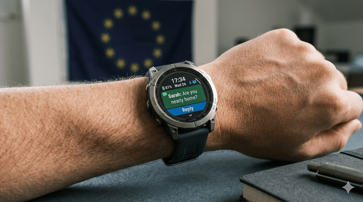 Garmin Fenix watch displaying a message reply notification with a faded EU flag in the background