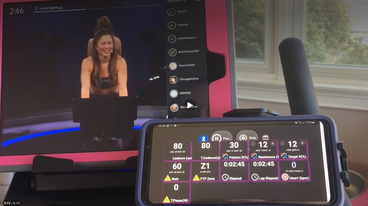 Peloton bike rider using QZ app during a live Peloton workout on a non-Peloton bike