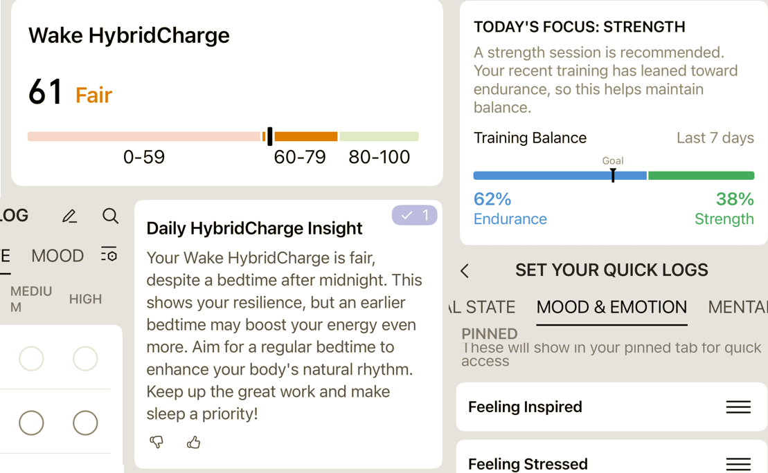 Amazfit Zepp app HybridCharge montage showing Wake score, All-Day intraday chart, LifeLoad input categories, and Evening score
