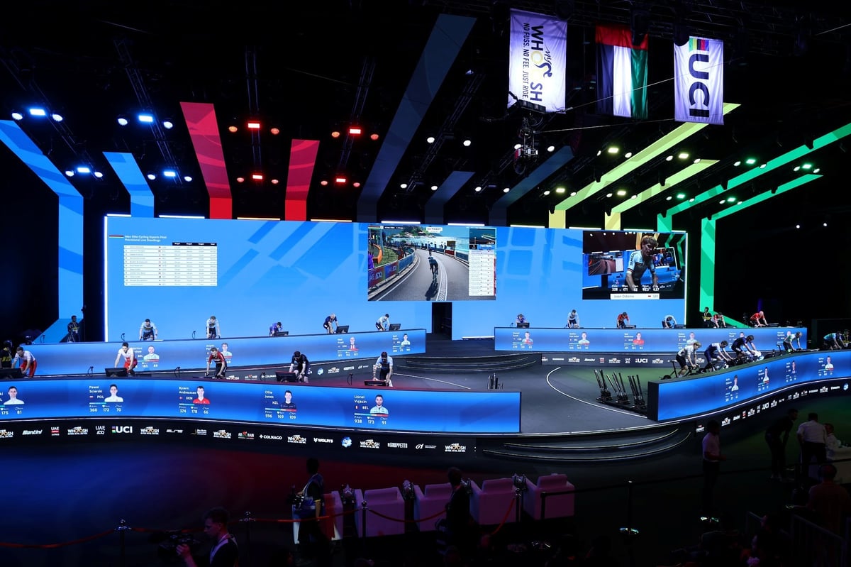 Riders compete on stage at the UCI Cycling Esports World Championship final hosted on MyWhoosh