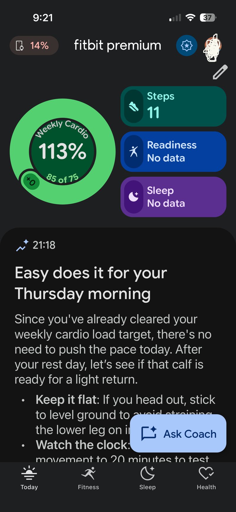Google Health app home screen on iOS with Premium subscription showing the new four-tab dashboard