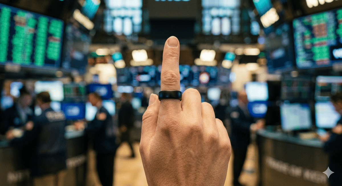 A close-up of a matte black smart ring worn, like Oura, on a finger, held up at eye level against a blurred trading floor background. Out-of-focus green and amber stock price boards glow in the background. Cinematic depth of field with sharp focus on the ring. Natural warm light falling on the hand from the left. 