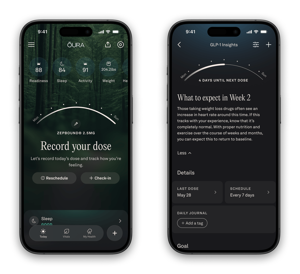 Oura Ring 5 app GLP-1 Insights screen for logging weight-loss medication and tracking side effects