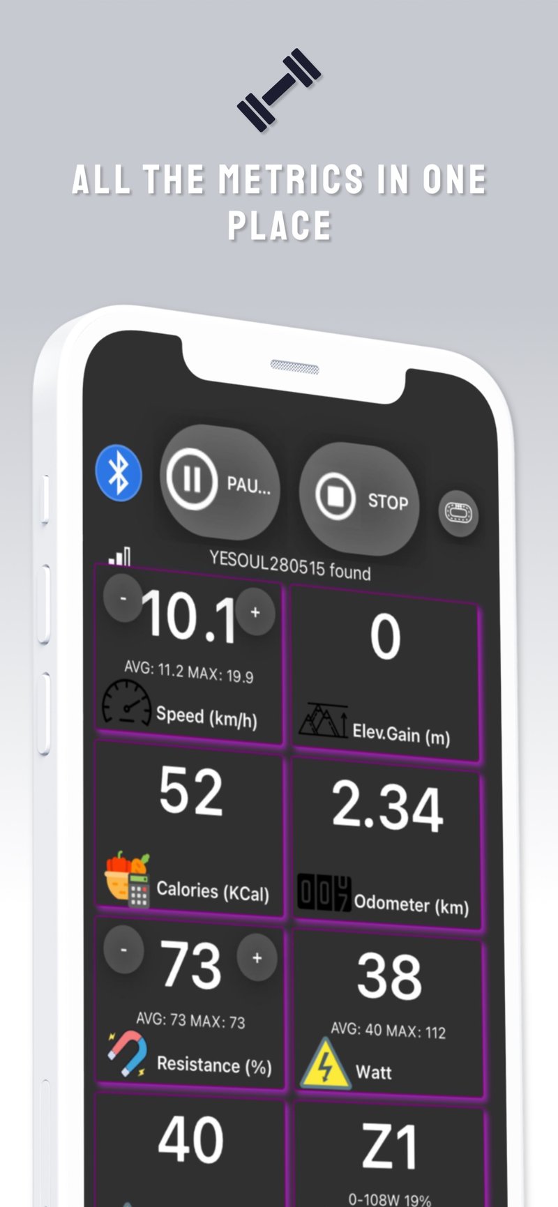 QZ app dashboard showing live Peloton workout metrics including cadence, resistance, power and heart rate on a smartphone