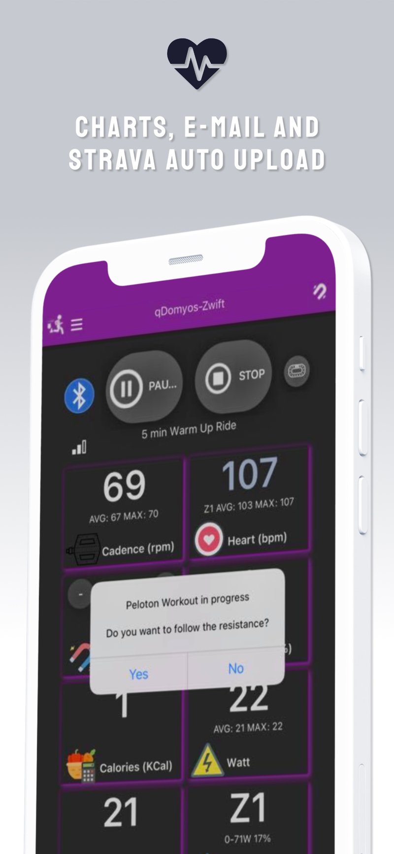QZ app prompt asking whether to follow Peloton class resistance automatically on a non-Peloton bike