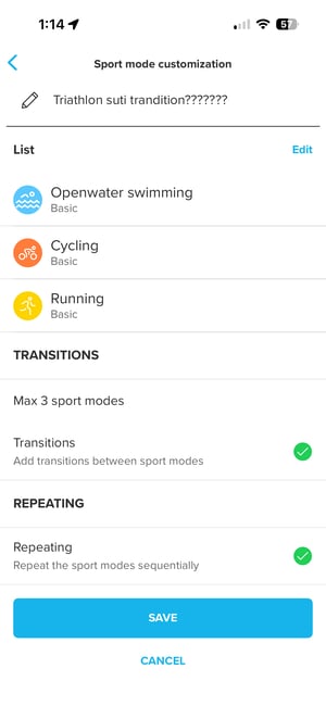 Suunto Race 2 sport mode customisation screen showing no option to enable or disable automatic transitions