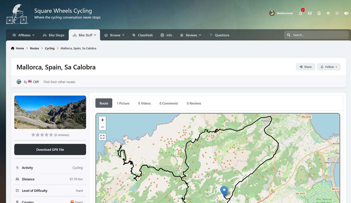 Square Wheels Cycling cycling forum homepage showing the routes section and member-contributed ride catalogue