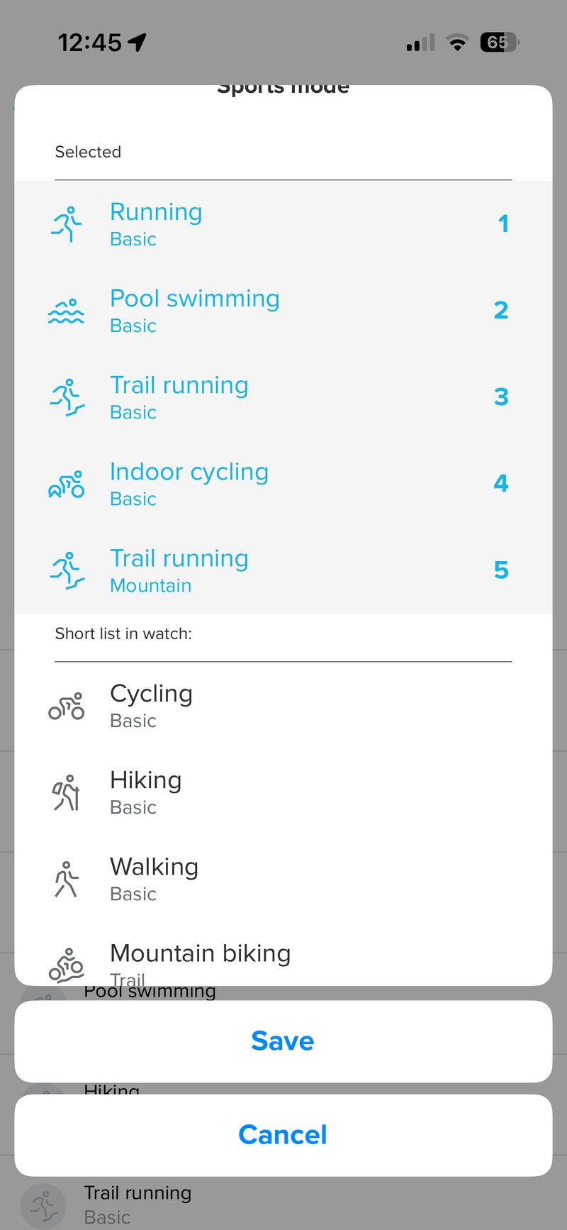 Suunto app custom multisport profile showing five sport legs added despite the documented three-sport limit, with Running unavailable as a second selection