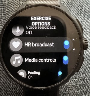 Suunto Race 2 heart rate broadcast mode enabled within the cycling sport mode settings