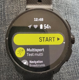Suunto Race 2 displaying a custom multisport mode after syncing from the Suunto app